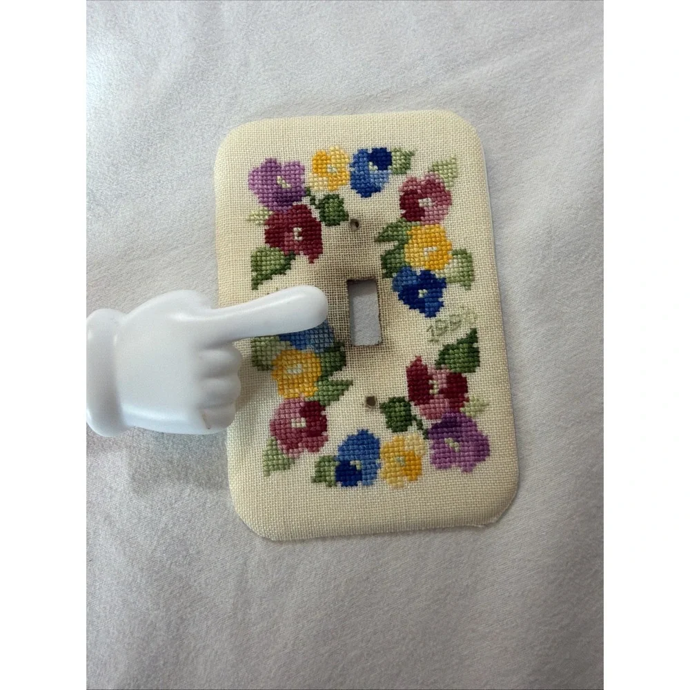 Vtg Finished Cross Stitch Single Toggle Light Switch Cover Floral Completed 1990